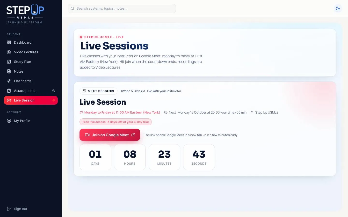 StepUp LMS: Live sessions